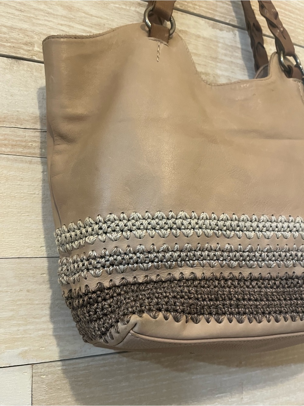 The Sak Taupe Tote with Brown Tassel and Braided Trim Minimalist Neutral - Picture 7 of 11